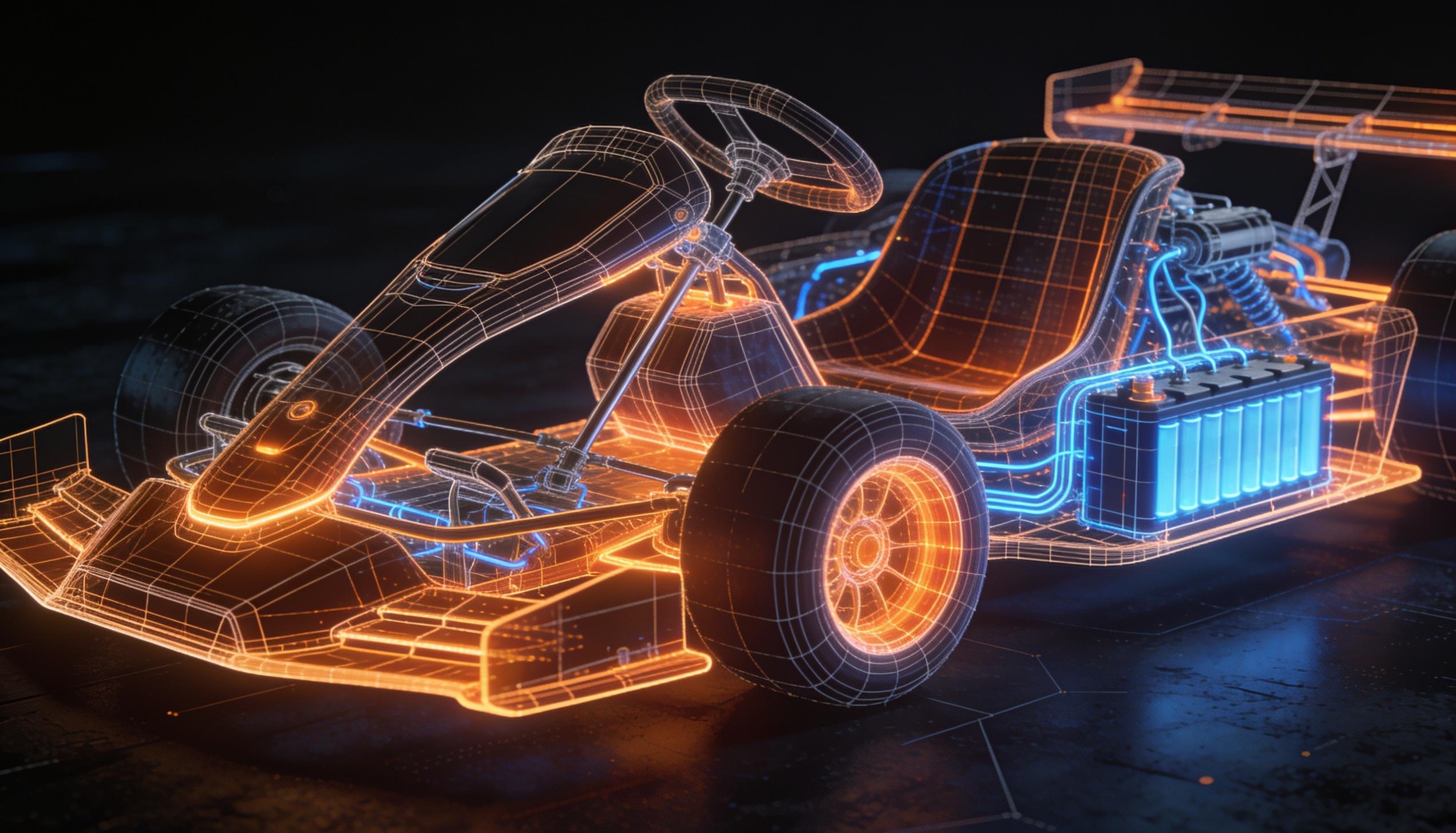 An electric kart as a glowing blueprint wireframe — ember chassis, steel electrical traces