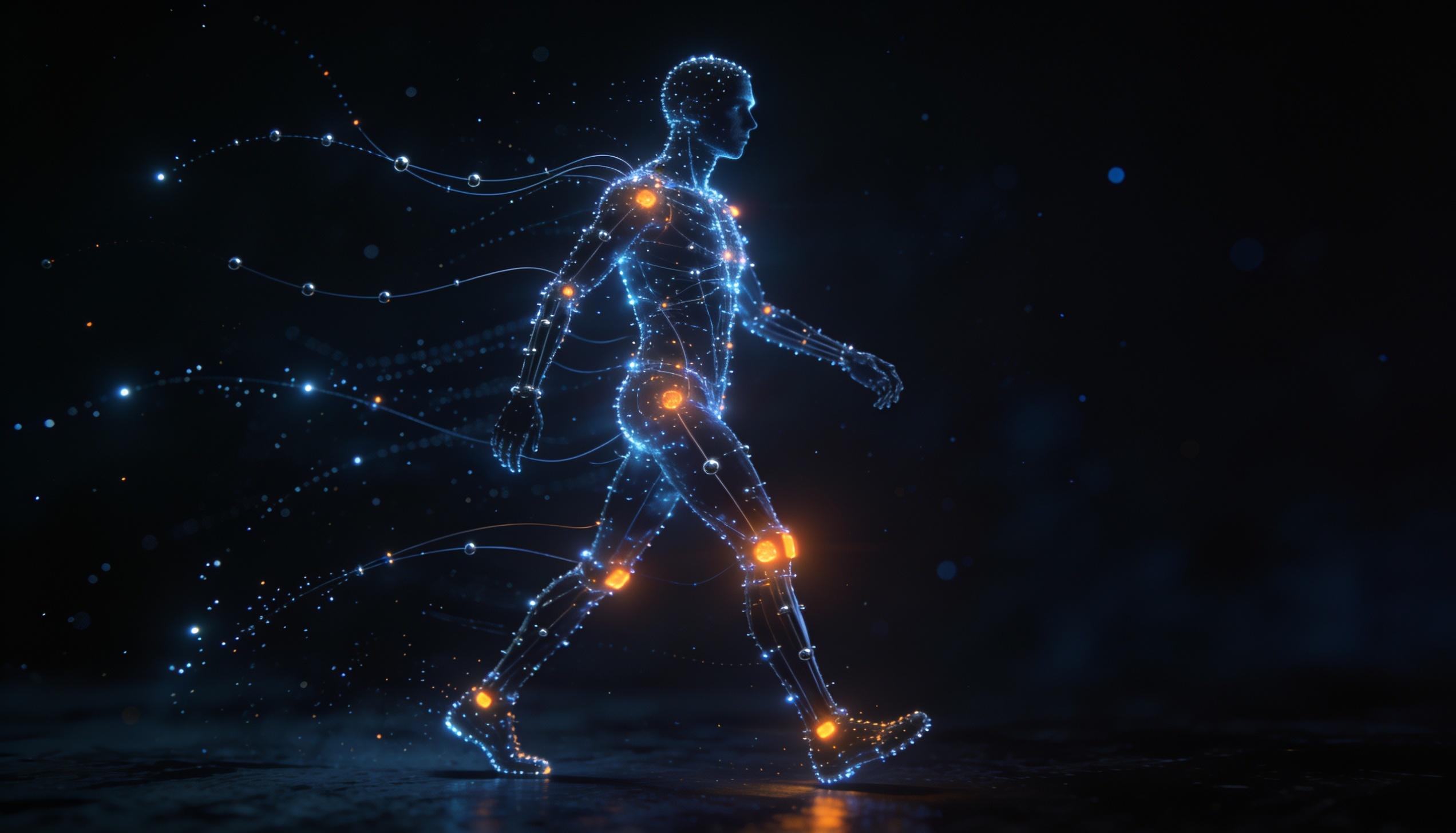 A walking figure as a constellation of motion-capture points with trailing sensor curves