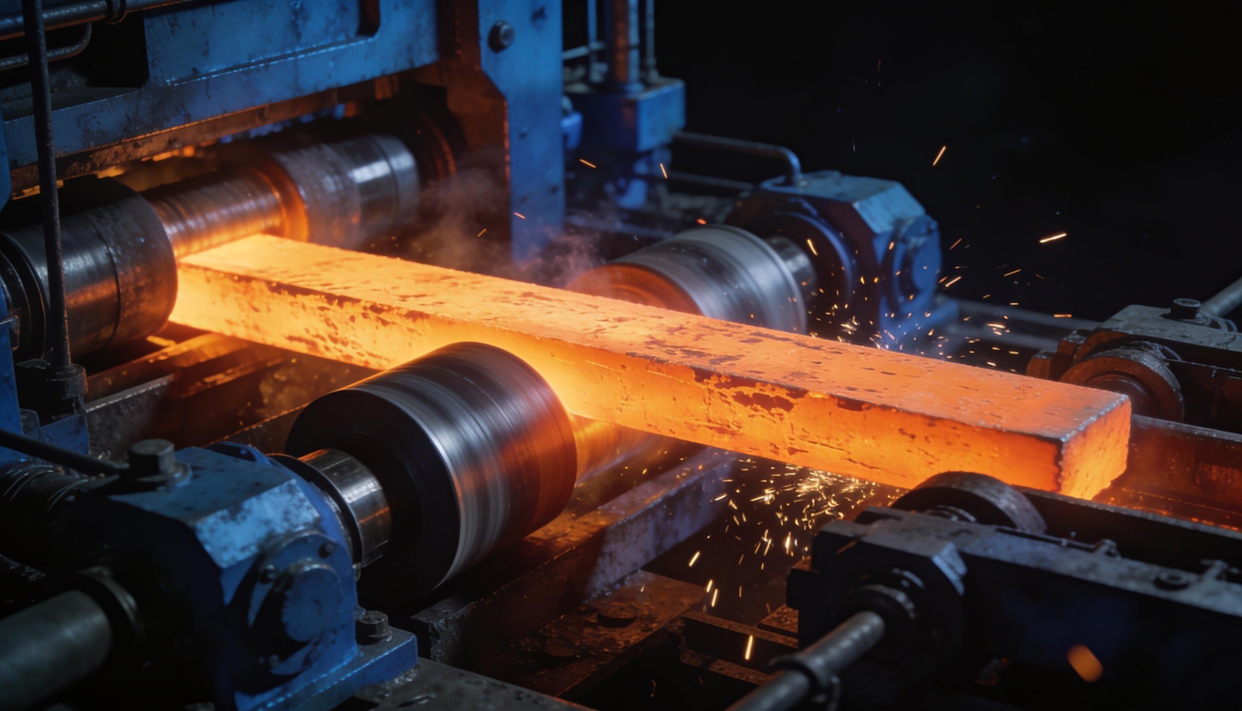 A glowing hot steel slab passing through rolling-mill cylinders, ember heat against steel machinery
