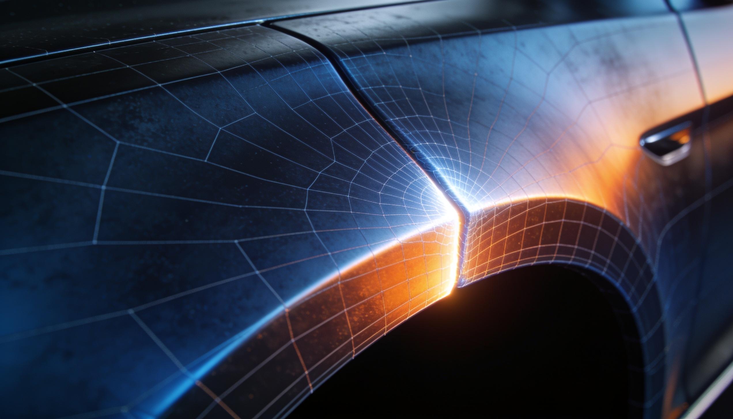 Stress contours flowing across a curved metal panel, steel-blue to ember to white-hot at the crease