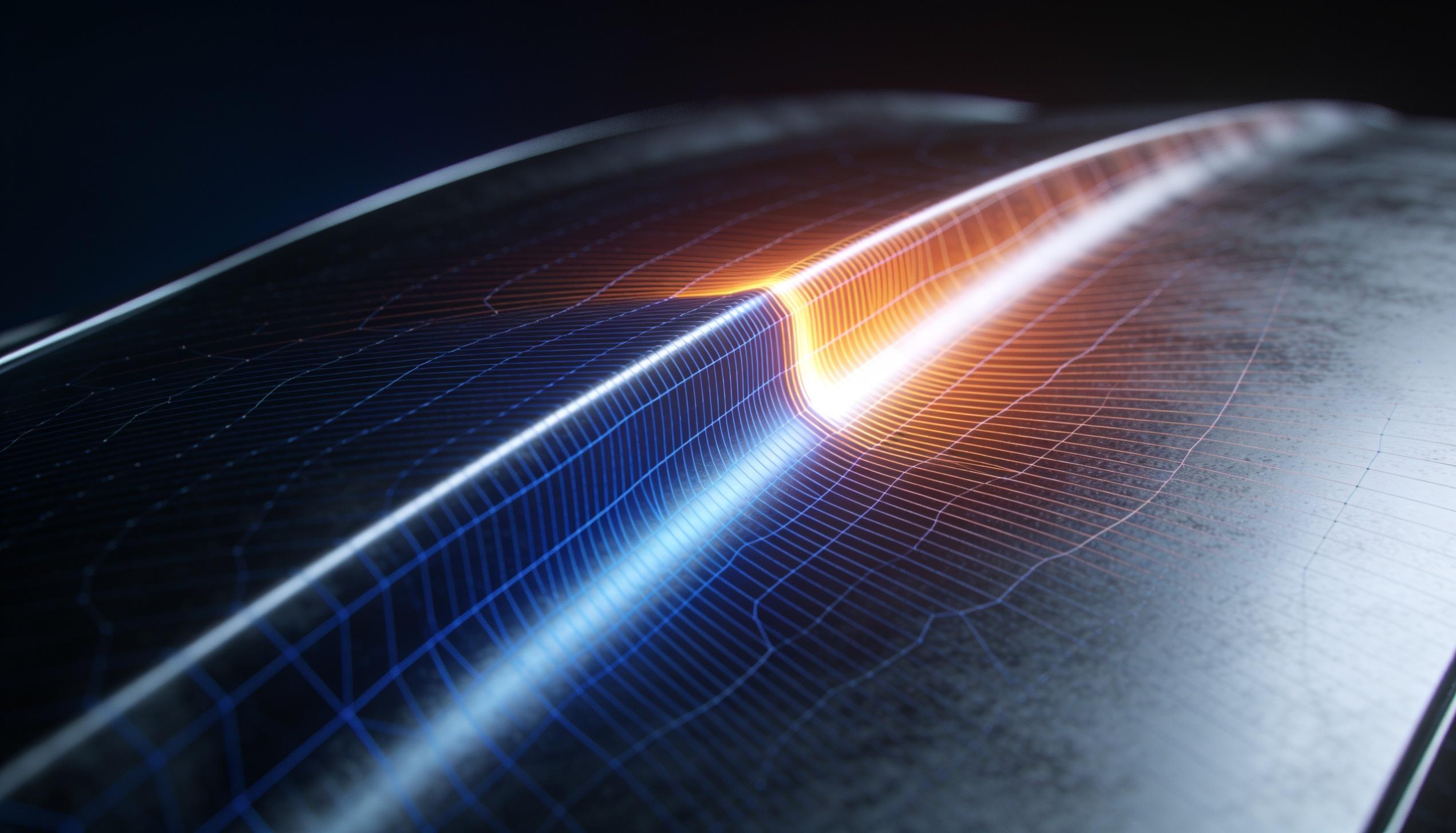 A stress ridge running along a wireframed surface, heat concentrated at the fold